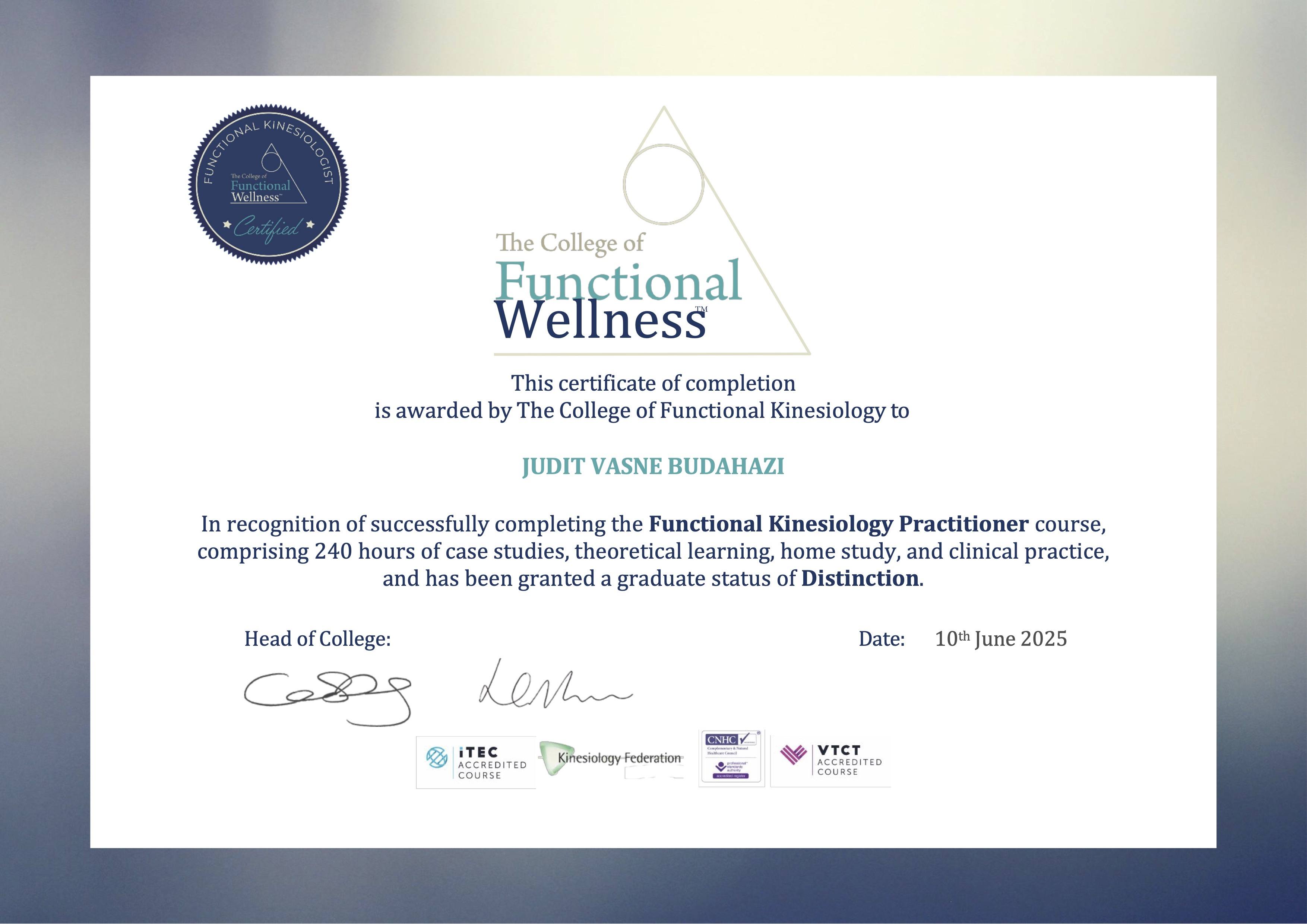 Kinesiology Practitioner Diploma certificate preview