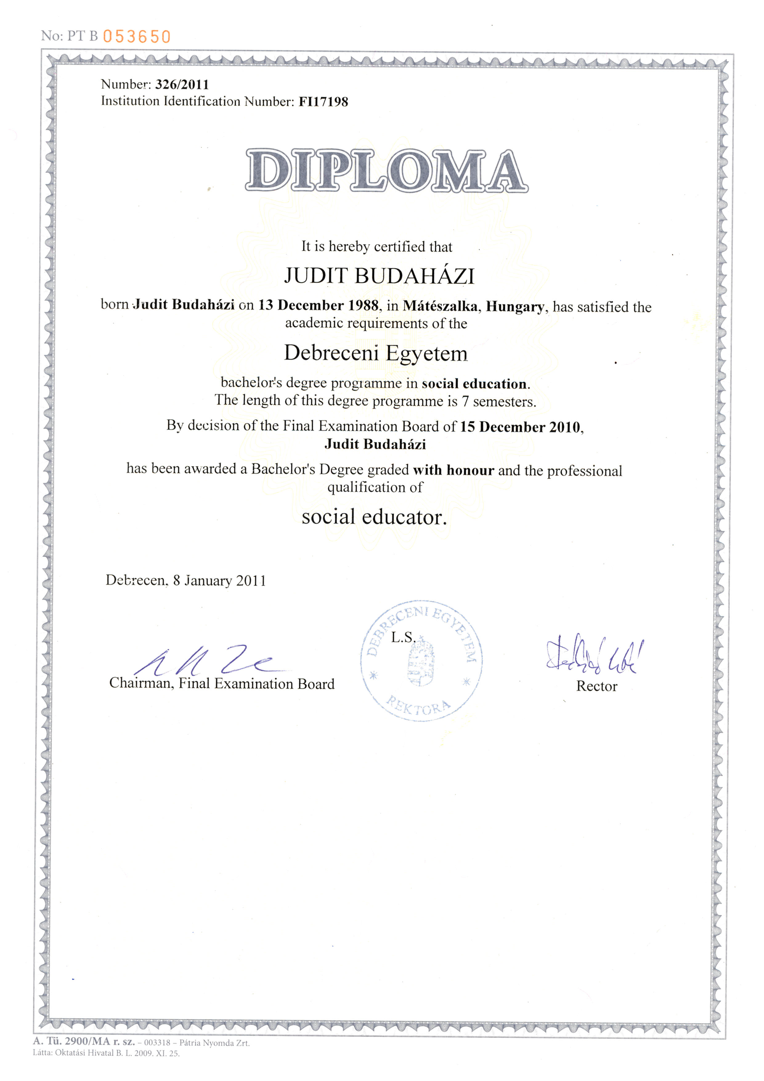 Social Educator B. Sc. University Diploma certificate preview